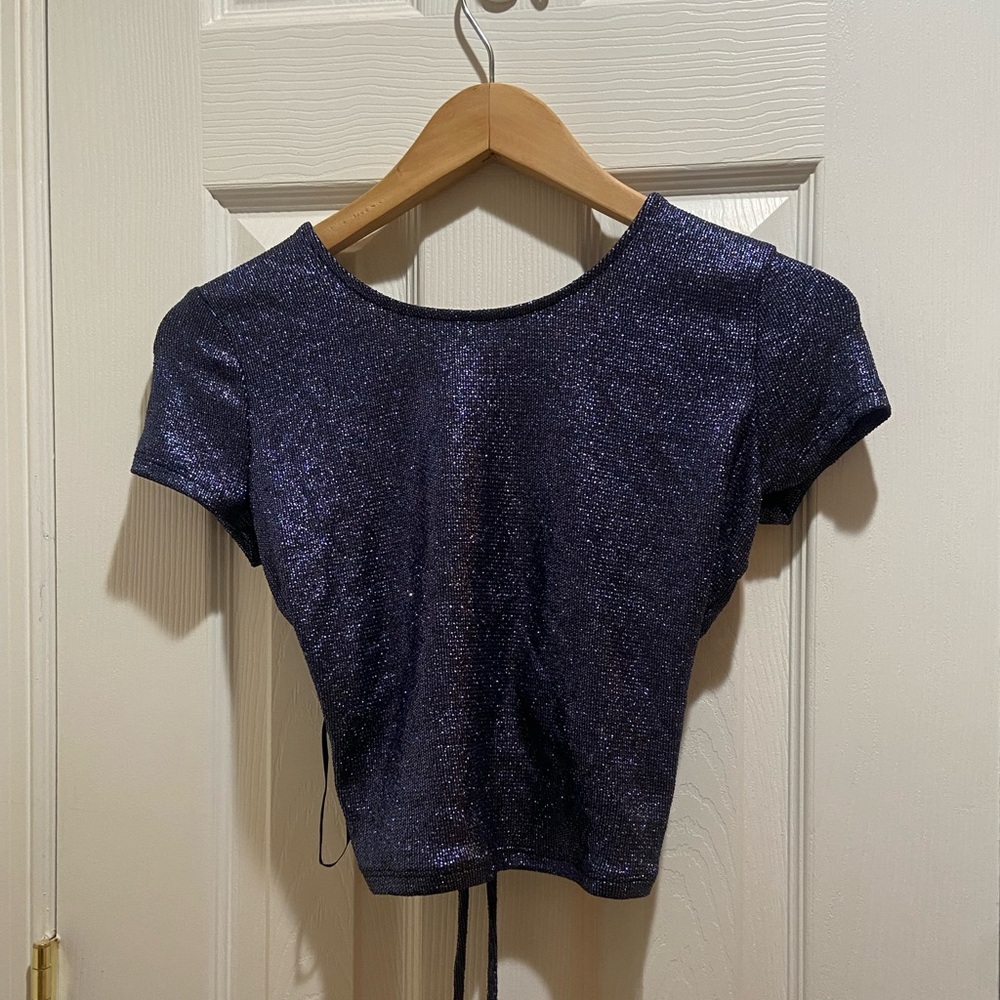 Guess Laced Back Sidra Shine Crop Top Sparkle Navy Blue Size M